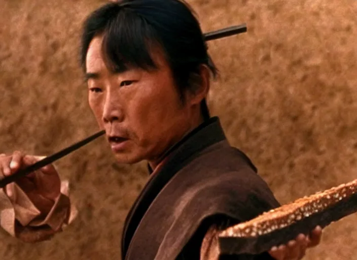 Image similar to a movie still of a samurai slicing through a loaf of bread, a movie by Akira Kurosawa