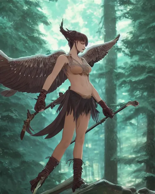 Prompt: a female anthropomorphic eagle warrior. She has two wings on her back. Forest, clearing. Full shot, wings are focus. Atmospheric lighting, By Makoto Shinkai, Stanley Artgerm Lau, WLOP, Rossdraws, James Jean, Andrei Riabovitchev, Marc Simonetti, krenz cushart, Sakimichan, D&D trending on ArtStation, digital art.