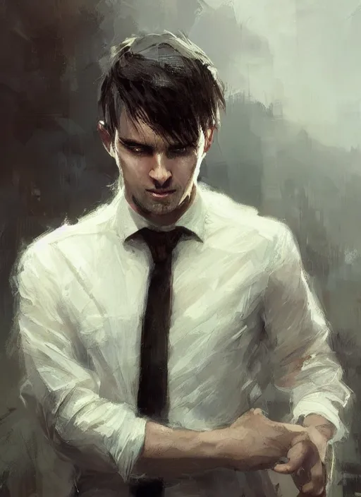 Prompt: handsome young man with fringy white hair, bangs hanging over his eyes, clean shaven, by jeremy mann, by greg rutkowski, by noah bradley, digital painting