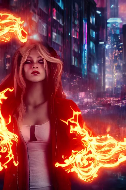 Image similar to young blonde woman with flames dancing on her hands with a long jacket in a cyberpunk city, detailed and realistic face, detailed and realistic hands, realistic, high definition, 4 k, shimmering color, epic digital art