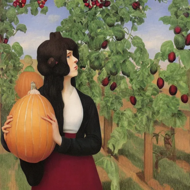 Prompt: tall emo female artist holding a gourd standing in a library, berries, vines, pigs, xylophone, acrylic on canvas, surrealist, by magritte and monet