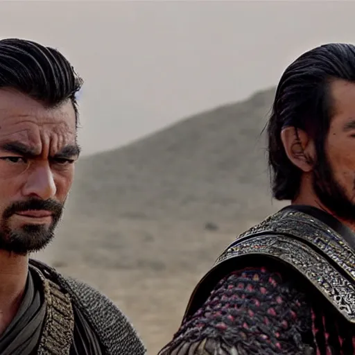 Image similar to handsome and strong! kurdish! samurai in a movie directed by christopher nolan, movie still frame, promotional image, imax 7 0 mm footage, perfect symmetrical facial features