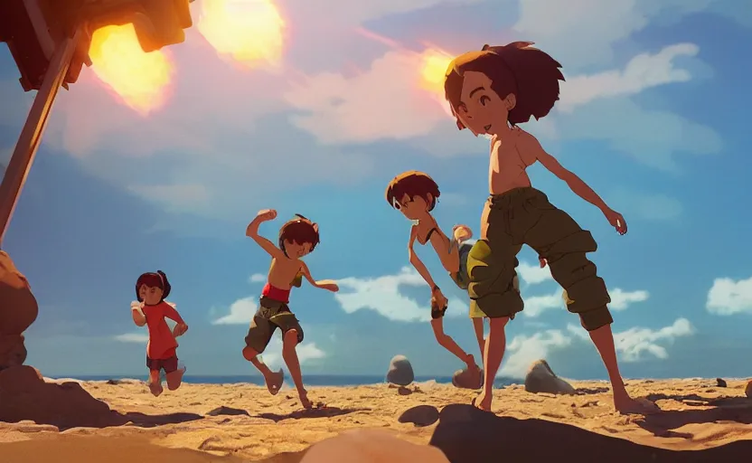 Prompt: a film still kids fighting next to the light house, beach, farol da barra, medium shot, waist up, studio Ghibli, Pixar and Disney animation, sharp, Rendered in Unreal Engine 5, anime key art by Greg Rutkowski, Bloom, dramatic lighting