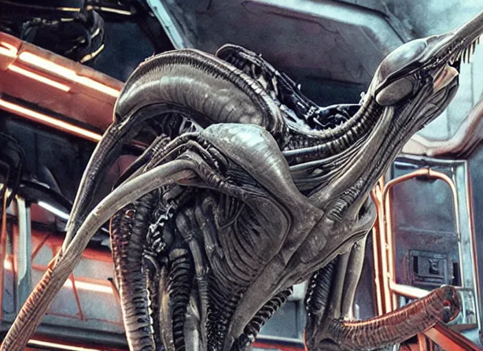 Prompt: film still of alien!! xenomorph!! riding a roller coaster in the new alien movie, 4 k