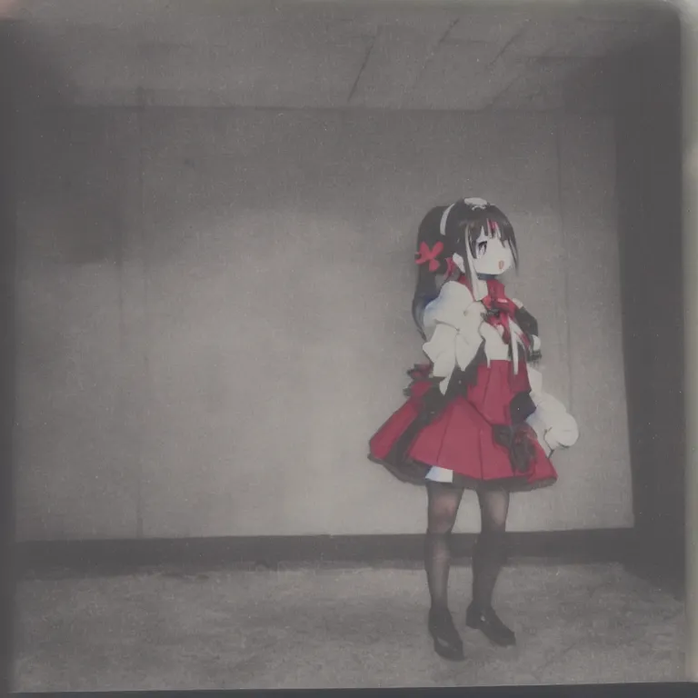 Image similar to atmospheric polaroid photo of reimu hakurei at an abandoned mall