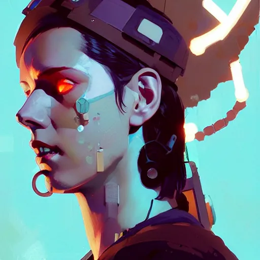 Prompt: portrait of cyberpunk greek goddess by atey ghailan, by greg rutkowski, by simon stalenhag, by greg tocchini, by james gilleard, by joe fenton, by kaethe butcher dynamic lighting, gradient light blue, brown, blonde cream and white color scheme, grunge aesthetic