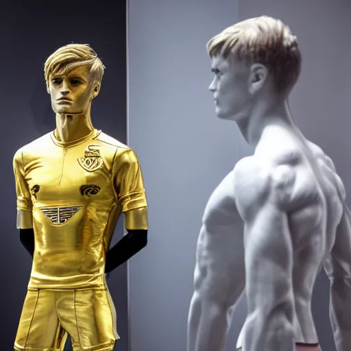 Prompt: a realistic detailed photo of a guy who is an attractive humanoid who is half robot and half humanoid, who is a male android, soccer players martin ødegaard, shiny skin, posing like a statue, blank stare, in a museum, on display, showing off his muscles, gold soccer shorts, ground view