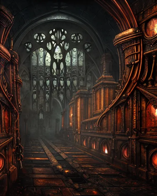 Image similar to steam necropolis, memento mori, gothic, neo - gothic, art nouveau, hyperdetailed copper patina medieval icon, stefan morrell, philippe druillet, ralph mcquarrie, concept art, steampunk, unreal engine, detailed intricate environment, octane render, moody atmospherics, volumetric lighting, ultrasharp, ominous, otherworldly