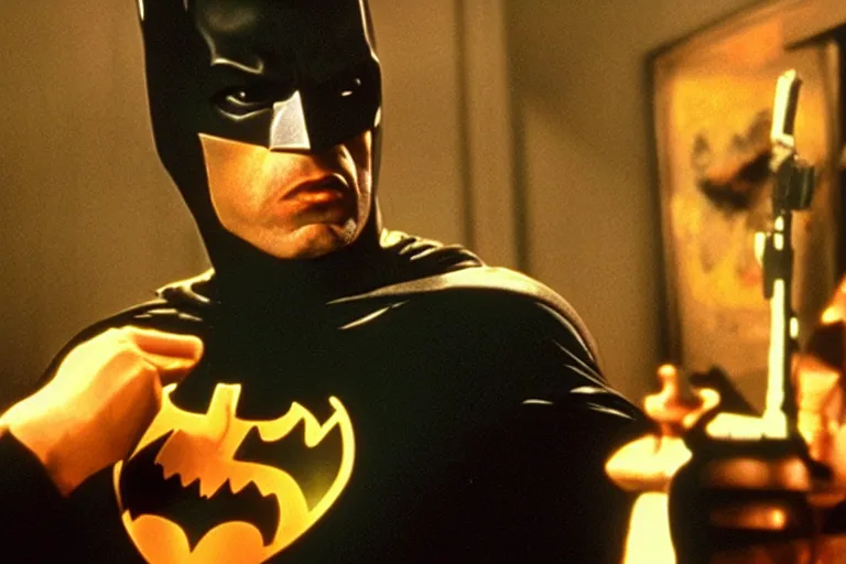 Image similar to film still of batman in pulp fiction.