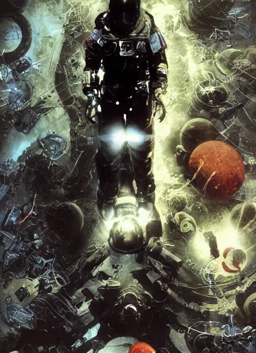 Image similar to astronauts in dark void underwater - complex and hyperdetailed technical suit. reflection and dispersion materials. rays and dispersion of light. volumetric light. f / 3 2. noise film photo. flash photography. ultra realistic, wide angle. poster by wayne barlowe, hajime sorayama aaron horkey, craig mullins