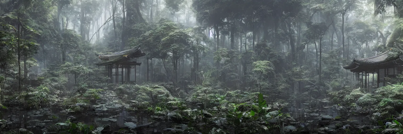 Image similar to japanese metabolism architecture deep in the rainforest. nature is taking over. matte painting in the style of craig mullins. mist. cinematic. octane render.