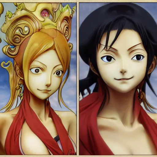 Image similar to intricately detailed vfx portrait of nami from one piece by eiichiro oda!, makoto shinkai, alphonse mucha, art by artgerm and greg rutkowski!, best of behance, concept art, matte, sharp focus, adolphe bouguereau, annie leibovitz, stanley kubrick,