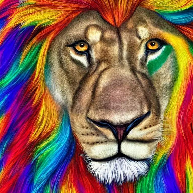 Prompt: Portrait of an anthropomorphic lion with rainbow colored mane