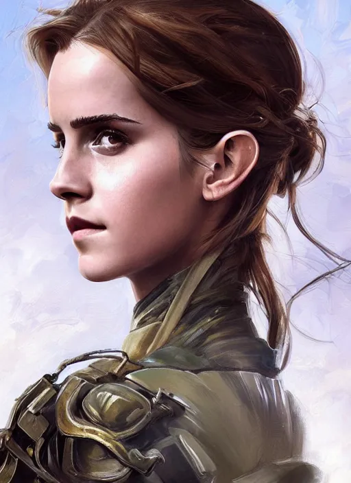 Prompt: a professional painting of a beautiful emma watson, clothed in military armor, olive skin, long dark hair, beautiful bone structure, symmetrical facial features, intricate, elegant, digital painting, concept art, smooth, sharp focus, illustration, from Metal Gear, by Ruan Jia and Mandy Jurgens and Artgerm and William-Adolphe Bouguerea