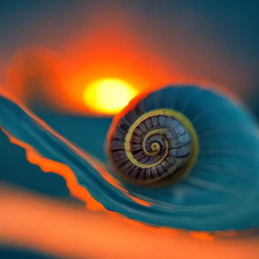 Prompt: closeup photo of a snail at sunset, backlighted, professional photo, nikon d 7 2 0 0, f / 1. 8