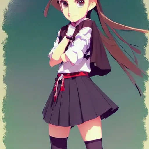 Image similar to a beautiful! boyish! natalie portman model, wearing catholic school girl outfit with mayan pattern and native style, jrpg aztec street fashion, gapmoe yandere grimdark, trending on pixiv fanbox, painted by greg rutkowski makoto shinkai takashi takeuchi studio ghibli, akihiko yoshida