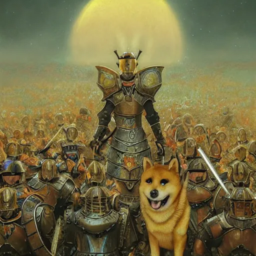 Image similar to anthropomorphic shiba inu is, army of knights wearing armor, anthropomorphic shiba inu medieval banquet, stuning fantasy 3 d render, masterpiece, glowing aura, by donato giancola and greg rutkowski and wayne barlow and zdzisław beksinski, realistic face