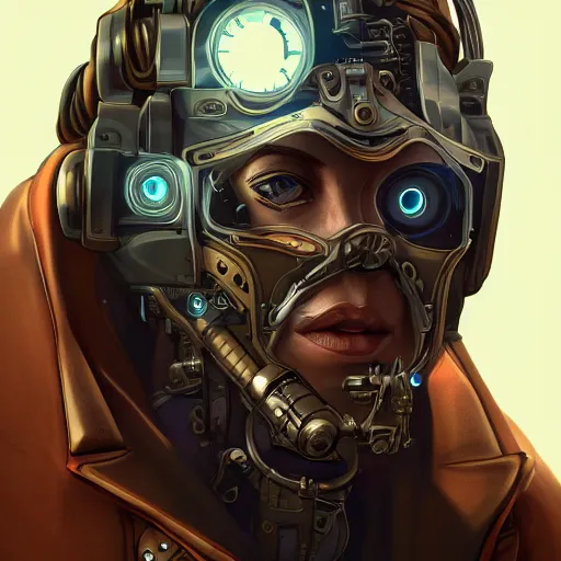 Image similar to lineart, colour, cyborg, portrait, steampunk, hyperdetailed, artstation