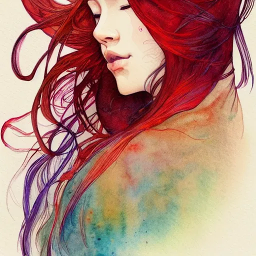 Image similar to side view a beautiful and inspiring intricate watercolor illustration artwork red hair girl in the forest, feeling the nature, eyes closed, 4 k, ultra - wide angle, by william turner, by victo ngai, by alphonse mucha, by miho hirano, hd, trending on artstation, hyper detailed, muted colors, inspiring, beautiful, energetic