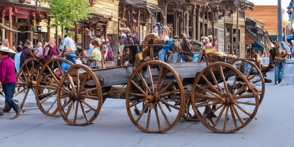 Prompt: wagon broken on main street of old west mountain town bustling with people, in the style of Fredrick Remington