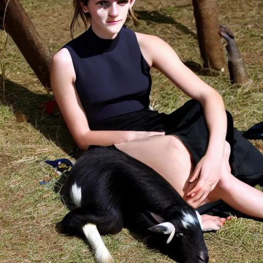 Prompt: Emma Watson barefoot tied to a table lying down and a goat licking her feet