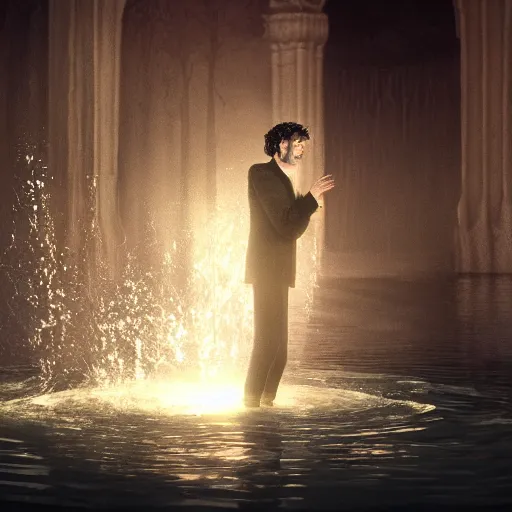 Prompt: a film still of a man being baptized by tim burton, golden hour, cinematic lighting, cool, spiritual, detailed, 8 k concept art