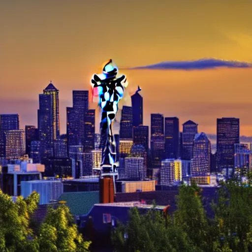 Image similar to view of seattle skyline, hd, style of wlop, golden hour,