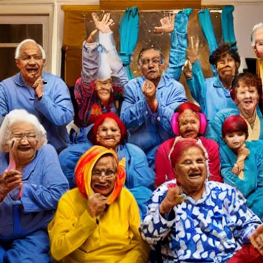 Image similar to indian grandmothers and grandfathers having a pyjama party floating in space wearing spacesuits and helmets