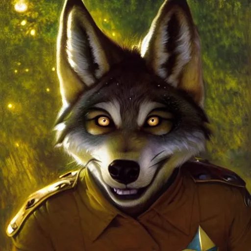 Prompt: a portrait of a female wolf wolfwoman canine alien in starfleet uniform at night in a dark forest. zootopia fursona furaffinity furry art detailed face painting by gaston bussiere craig mullins jc leyendecker gustav klimt artgerm greg rutkowski furry