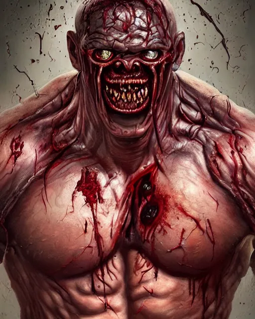 Image similar to Haunting horrifying hyperrealistic detailed painting of a huge muscular hulking flesh demon covered in thick black blood and bone showing through holes in the flesh, disgusting, creepy, unsettling, and bloodshot eyeballs, hyper detailed, trending on Artstation