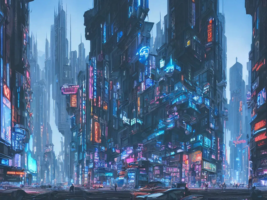 Prompt: beautiful matte painting of a busy city street with complex buildings, vivid lights, art deco, street view, street level, futuristic, technological lights, large screens, cyberpunk ads, fine detail, cinematic lighting, concept art, blue color scheme, by hugh ferris