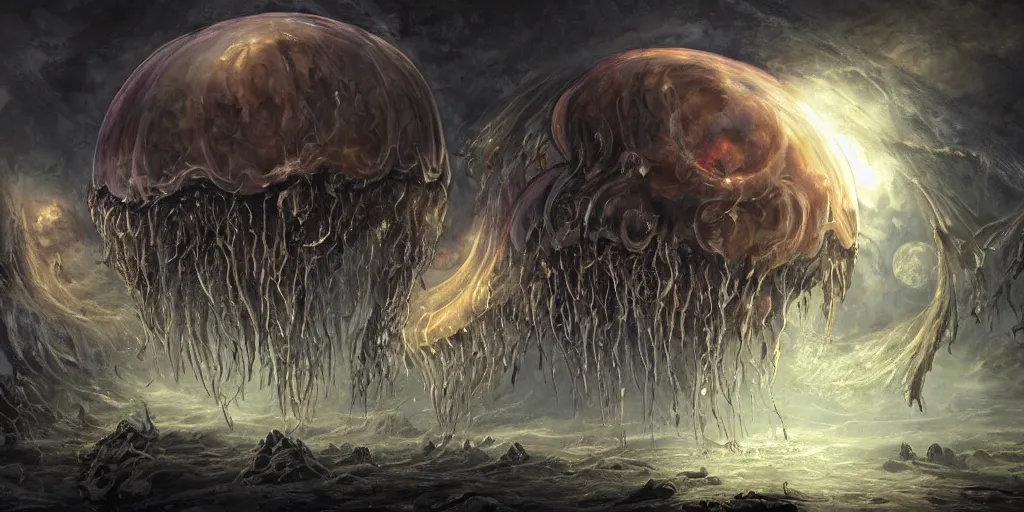 Image similar to concept art of giant translucent glowing jellyfishes, lovecraftian, lots of teeth, melting horror, round moon, rich clouds, fighting the horrors of the unknown, high resolution, very detailed, roaring, volumetric light, mist, grim, fine art, decaying, textured oil over canvas, epic fantasy art, very colorful, ornate, anato finnstark