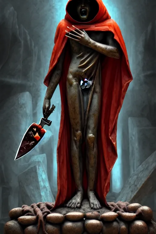 Image similar to an ancient statue of a hooded cultist is holding a bloody knife in one hand and a tomato on the other, standing in a forgotten temple to an eldritch god, by patrick mcenvoy and michael komarck and fantasy flight, incredible quality, trending on artstation