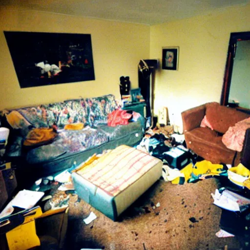 Image similar to a high flash photo of a messy living room, 2 0 0 6, taken with a disposable camera