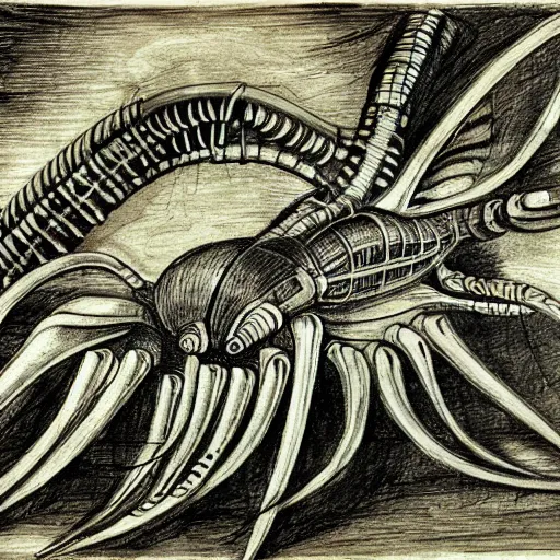 Image similar to drawing of a cyberpunk insectoid underwater alien and its minions, retro technology, leonardo da vinci style