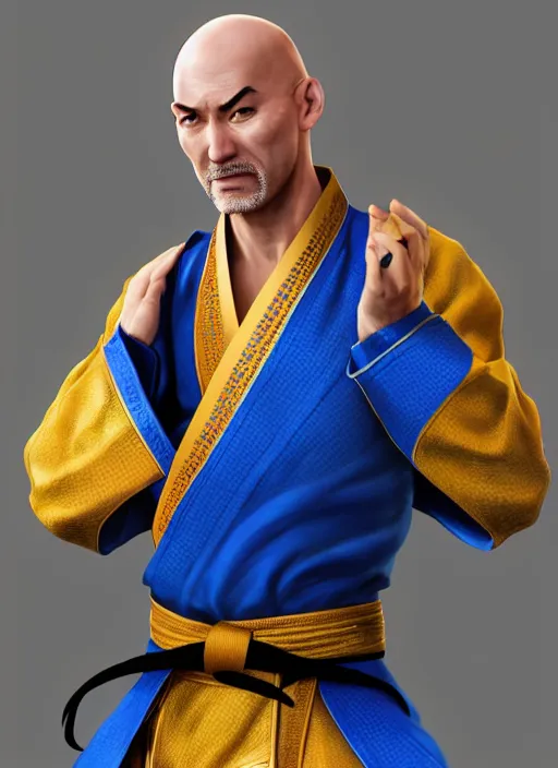 Image similar to bald male martial artist with a high ponytail!!!! asian facial features and blue eyes!! intricate ornate blue robes!! character concept art, sharp focus, octane render! unreal engine 5! highly rendered!! trending on artstation!! detailed linework!! illustration by artgerm, wlop, and chie yoshii