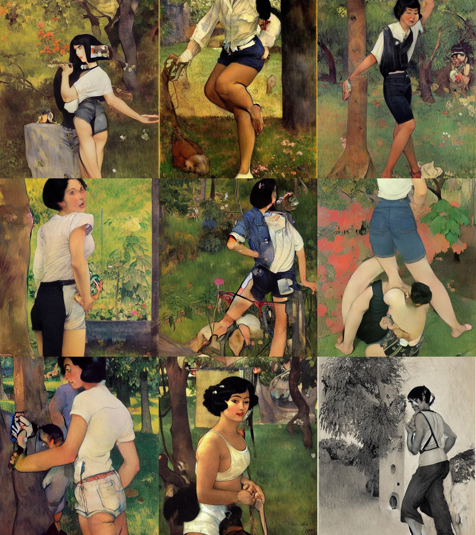 Prompt: a woman with black hair and long pixie haircut in shorts with suspenders and white t-shirt drawn by Paul Gauguin, norman rockwell, frank frazetta, alphonso azpiri, maler collier, peter paul rubens, alphonse mucha, gustav klimt 4k, unreal 5, DAZ, french noveau, trending on artstation, octane render, hyperrealistic
