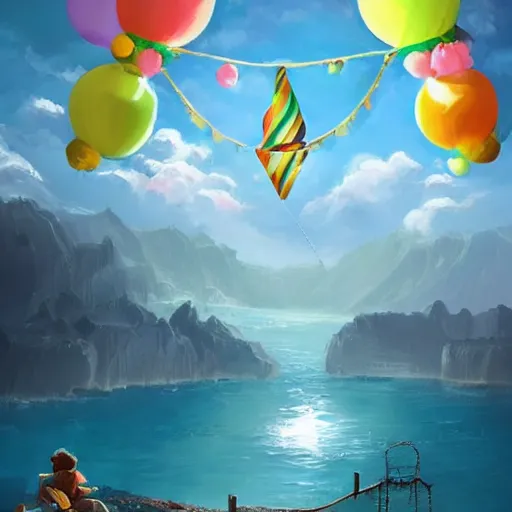 Image similar to a giant cake hanging below birthday balloons and floating above a beautiful stunning landscape. digital art, artstation cgsociety masterpiece