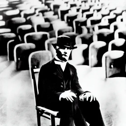 Prompt: silent film still of charlie chaplin's the tramp sitting in the audience of a movie theater, watching a superhero movie projected on the screen