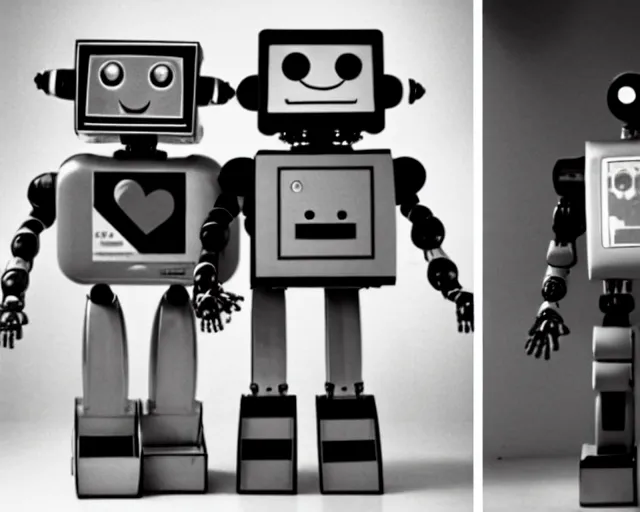 Image similar to middle shot, two robots are in love with each other pose for a photo, circa 1 9 8 4