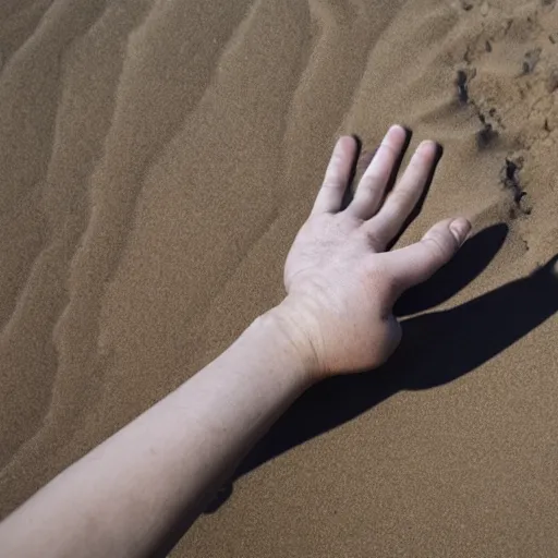 Prompt: desperate hand emerging from the sand