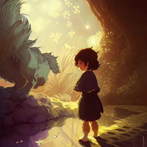 Prompt: h!dream a kid and a monster cat in the night made by studio ghibli beautiful scene highly detailed, digital painting, artstation, concept art, smooth, sharp focus, illustration, art by artgerm and greg rutkowski and alphonse mucha 8k