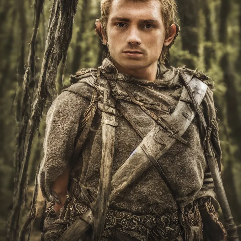 Prompt: portrait photo of a male warrior, in a forest, lord of the rings style, highly detailed 8 k. lifelike. soft light. nikon d 8 5 0. cinematic post - processing, poster