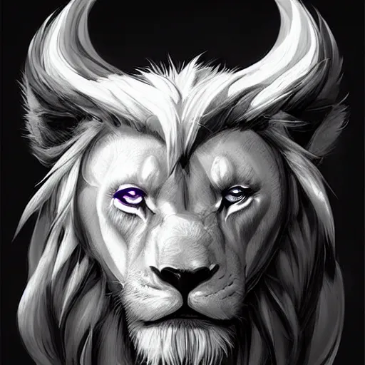 Image similar to anthropomorphic male muscular albino white lion, wearing beautiful vikings armor, darkness aura red light, fantasy, dark, black and white high contrast portrait, character design by charlie bowater, ross tran, artgerm, and makoto shinkai, detailed, inked, western comic book art, 2 0 2 1 award winning film poster paintingy