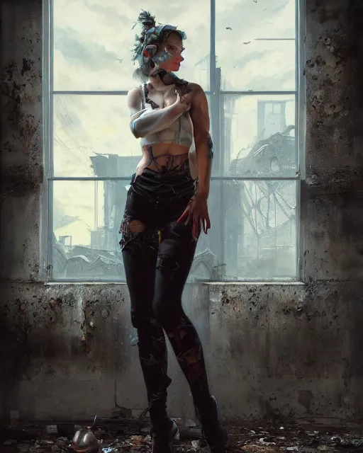 Image similar to daniel gerhartz and artgerm portrait digital rococo painting of a beautiful woman wearing streetwear clothing, abandoned warehouse interior in the background, unreal engine, hyper realism, realistic shading, cinematic composition, realistic render, octane render, detailed textures, photorealistic, ultrawide shot, 3 5 mm film