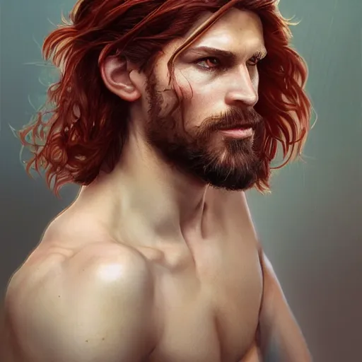 Image similar to portrait of a young ruggedly handsome but joyus pirate, male, masculine, upper body, red hair, very long hair, d & d, fantasy, intricate, elegant, highly detailed, digital painting, artstation, concept art, matte, sharp focus, illustration, art by artgerm and greg rutkowski and alphonse mucha