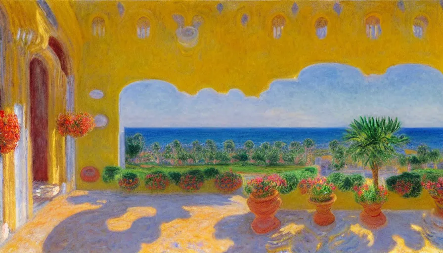 Image similar to a 1 9 9 8 southern spain palace!!! costa blanca, designed by claude monet, bispo do rosario, arnold bocklin, tarsila do amaral and gustave baumann, cheval michael, warm, mediterranean, star, sharp focus, colorful refracted sparkles and lines, soft light, 8 k 4 k