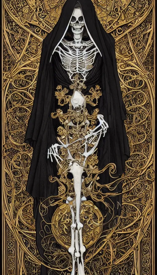 Image similar to a skeleton in a black cloak, highly detailed, very intricate, art nouveau, gold filigree, left right symmetry, tarot concept art watercolor illustration by mandy jurgens and alphonse mucha and alena aenami, featured on artstation