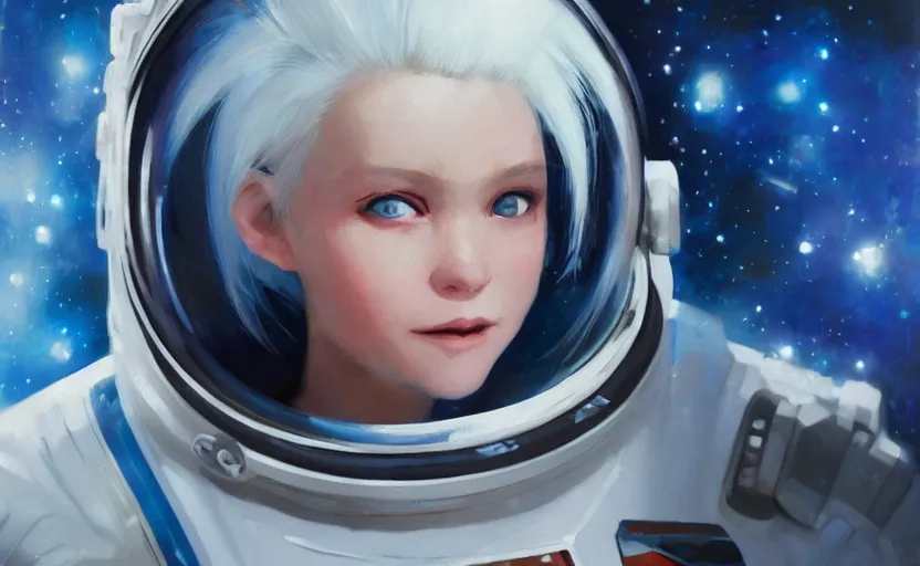 Image similar to portrait of a blue-eyed girl with white hair in a space suit against the background of space, painting by Craig Mullins, octane rendering, soft morning lighting, wide angle lens, in the style of Hayao Miyazaki, trending on artstation,