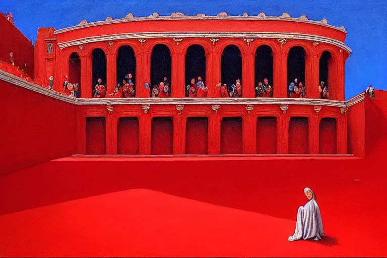 Image similar to only with red, a red great emperor, taormina amphitheatre, crowd with big smile, in the style of beksinski, parts by edward hopper, parts by rodcenko, parts by yue minjun, intricate and epic composition, red by caravaggio, insanely quality, highly detailed, masterpiece, red light, artstation, 4 k